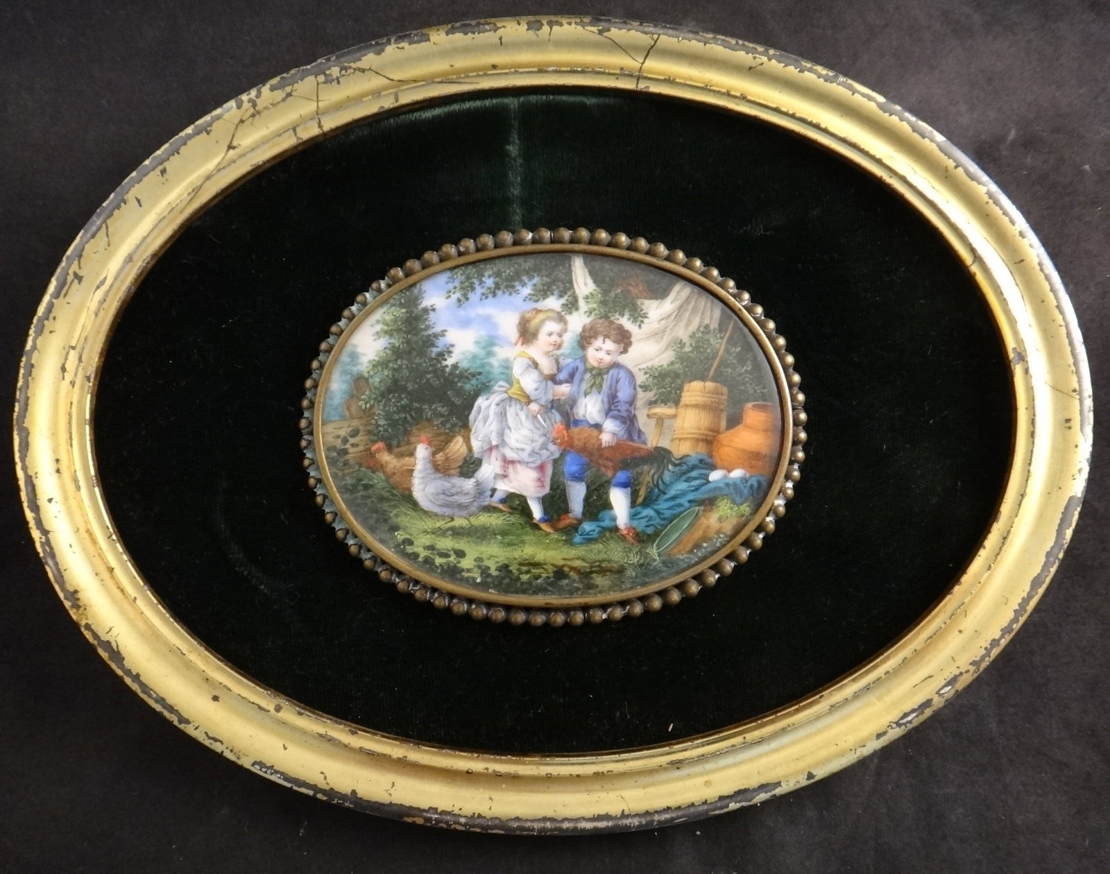 Antique French Miniature Painting - 2 Children in an Outdoor Scene: Antique French Hand Painted Miniature Painting with 2 Children in an outdoor scene with 2 chickens. 3 ¼” x 2 ¾”. On velvet backing and gold-leafed wood frame, 8 ¾&rdqu