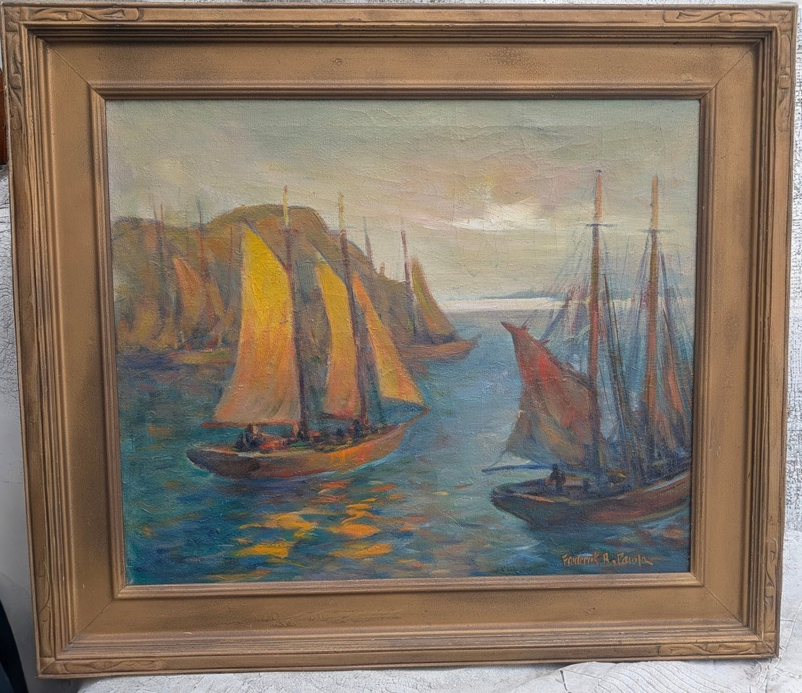 Fred Pawla oil on canvas of sailboats in a harbor, Signed: Frederick Alexander Pawla (1876 - 1964) oil on canvas of sailboats in a harbor with hills in the distance. Signed lower right. Circa 1920'/30's. Painting size - 20" x 24". Original period carved wood 