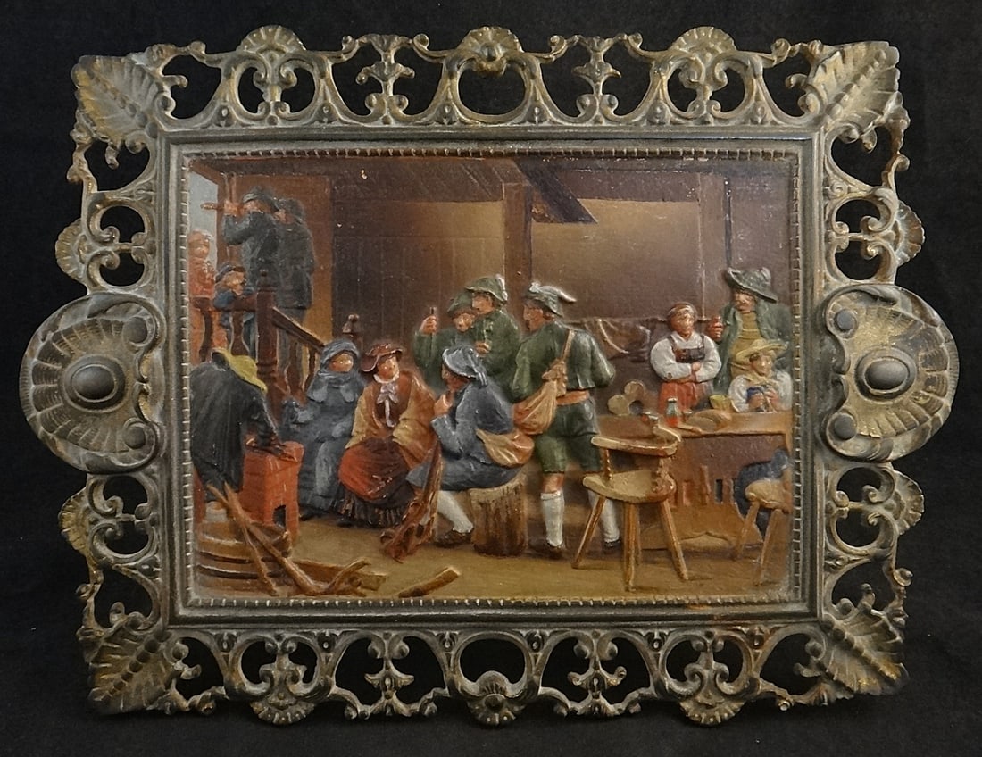 Antique Bradley & Hubbard Painted Iron Plaque-European Tavern Scene: Scarce Antique Bradley & Hubbard Old Painted Iron Free – Standing or Wall Hanging Plaque of a European Tavern Scene with 15 People. Painting measures 7 ¼” x 5 ¼”. Cast orna