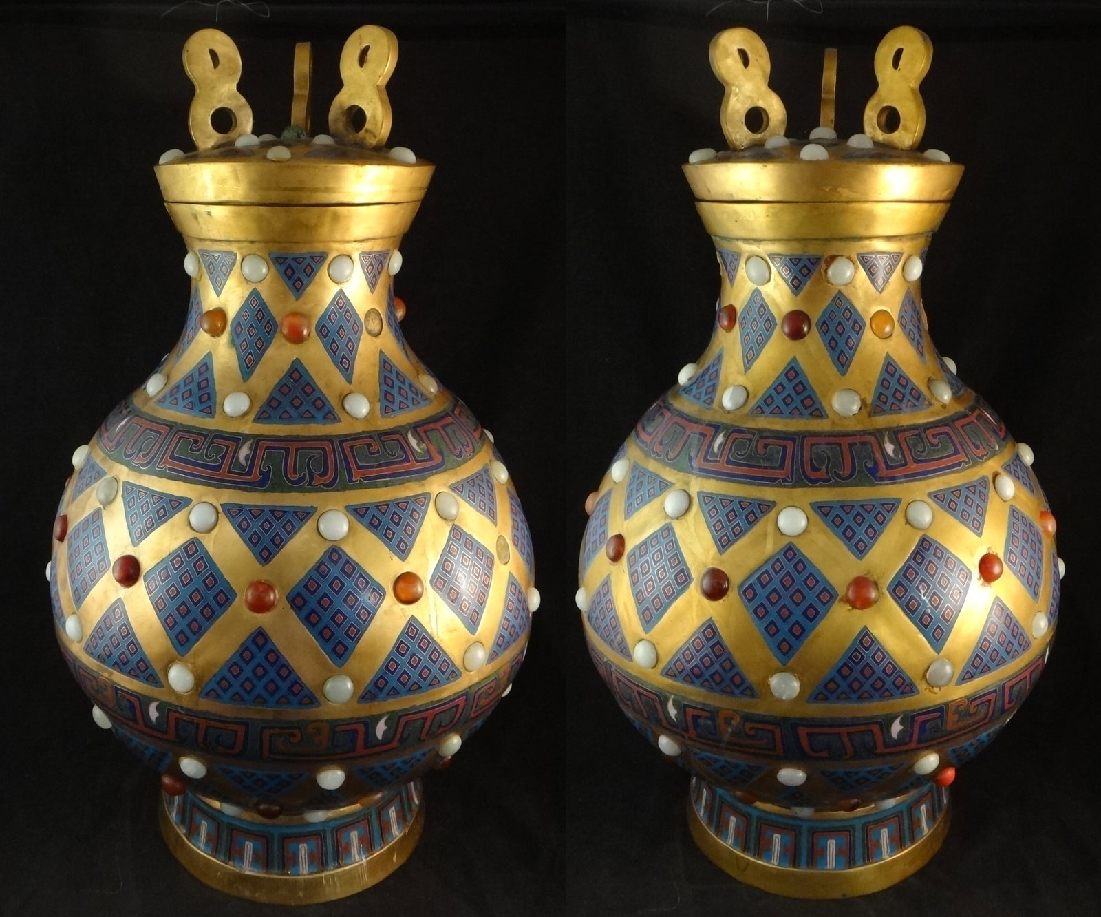 Pr. Exceptional Chinese Gilt Copper & Cloisonne Covered Vases: Pair of Exceptional Chinese Gilt Copper Cloisonné Covered Vases mounted with genuine Jade Cabochons & Carnelian Agate Cabochon. Excellent copies of Hans Dynasty originals from Hebei Province, 2nd cen