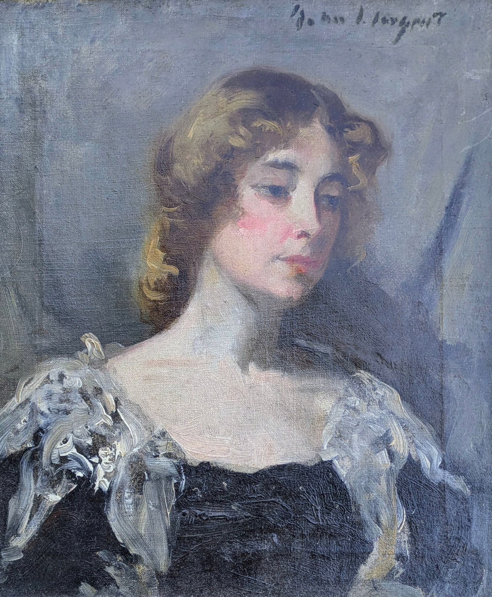 John Singer Sargent oil of a young woman in black dress. c.1905-25.: Original John Singer Sargent (1856 -1925) oil on canvas of a young woman of high society wearing a black dress with white lace collar. Circa 1905-25. 12" x 10" painting size. Antique wood frame size -