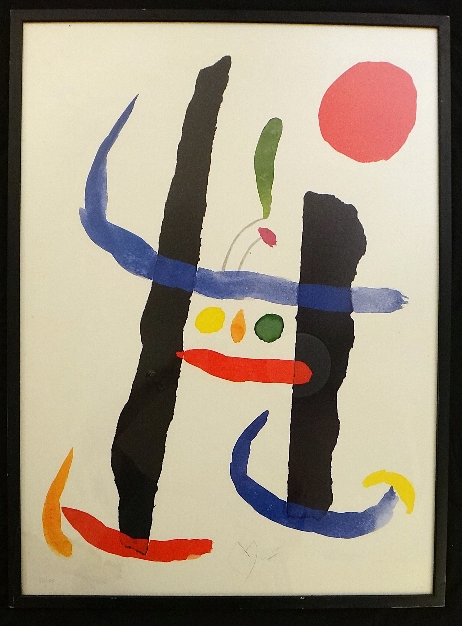 Original Jean Miro' Colored Abstract Lithograph: “A Toute Epre uve’??,: Original Jean Miro' (1893-1983) Colored Abstract Lithograph: “A Toute Epre uve’”, Bright colors. Signed in pencil by Miro', bottom center. Numbered in pencil 50/100, bottom left. Circa 1958.