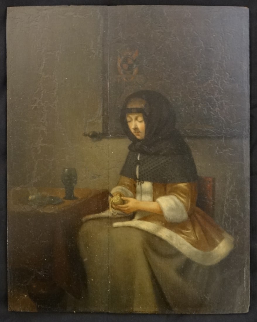 Mid-17th c. Dutch Old Master Painting of a seated young woman: Mid-17th cent. Dutch Old Master Painting on beveled edge oak panel of a seated young woman wearing ermine trimmed fine clothing, peeling a lemon with blown glass goblet on a table. Coat of arms on the