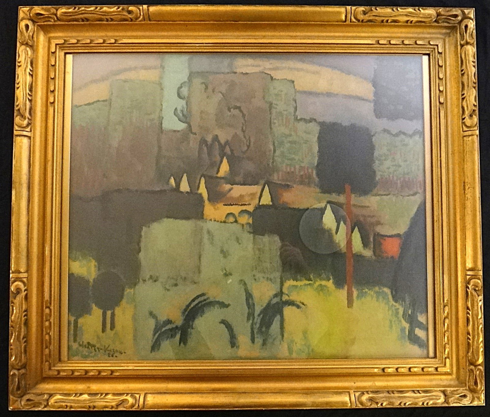 Johann Walter-Kurau German Expressionist Signed Oil of a Town, 1926: Johann Walter-Kurau (1869-1932) German Expressionist Oil on Paper of a Town with Buildings, Church & Trees. Signed lower left – Walter Kurau & Dated 26 (1926). Paining shown measures 24” x 28&