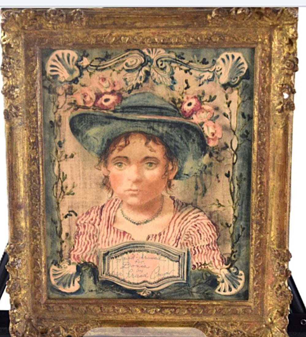 Original Conger Metcalf Watercolor of Doria: Original Conger Metcalf (1914-1998) Watercolor of Doria in a red & white ruffled dress, wearing a blue hat with floral background. Signed in the painting, bottom center. Painting measures 8” x 1