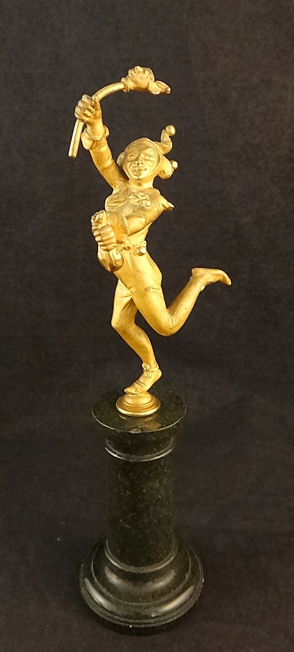 19th c. French Gilt Bronze Jester on a Marble Base.: 19th cent. French Gilt Bronze Jester on a Marble Base. Very well cast with great detail. Overall height w/base is 9 1/8” tall.