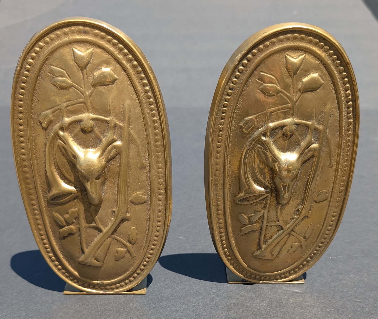 Pr. of Antique English Solid Brass Bookends w/Stag, Rifle, Horn & Tree Motif. (1 of 3)