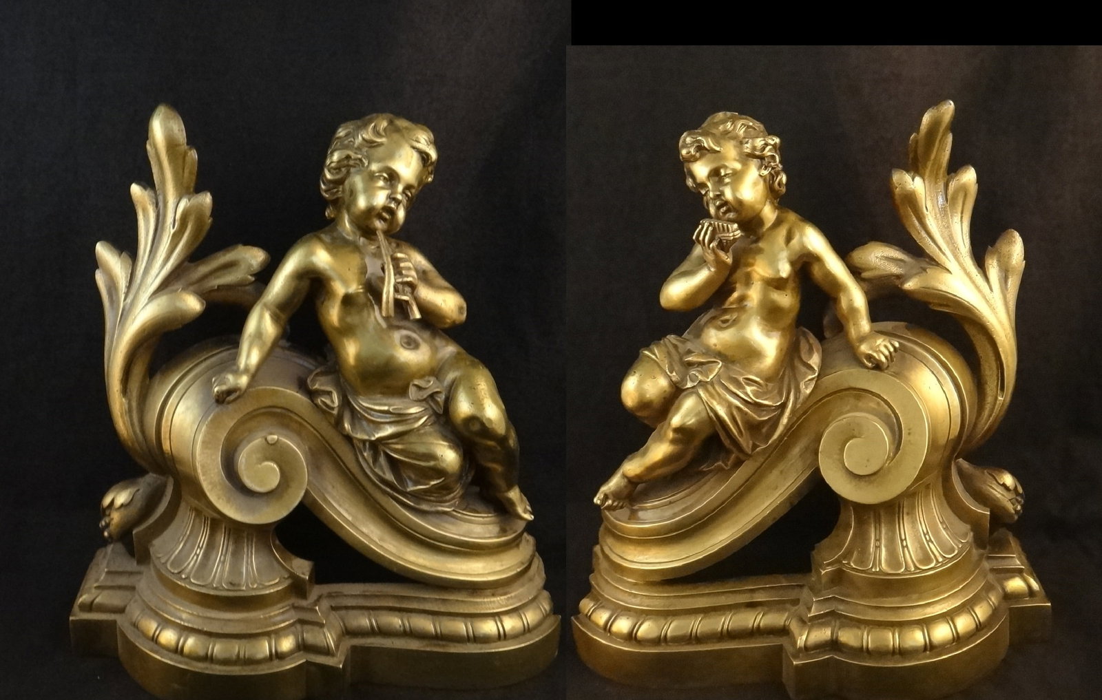 Pair of 19th cent. French Gilt Bronze Cherub Chenets.: Pair of 19th cent. French Gilt Bronze Cherub Chenets. Overall measures approx. 11” tall x 10” wide x 6” deep. Weighs 14.5lbs.