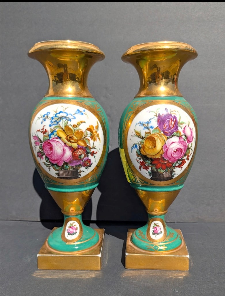 Pr. Antique French Paris Porcelain Classical Vases w/Extensive Gold Trim & Floral: Pair of Antique French Paris Porcelain Classical Vases with a Forest Green Body's and Extensive Gold Trim with Finely Painted Floral Designs. Late 19th C. 12" tall x 3 5/8" x 3 5/8" dia. bases.