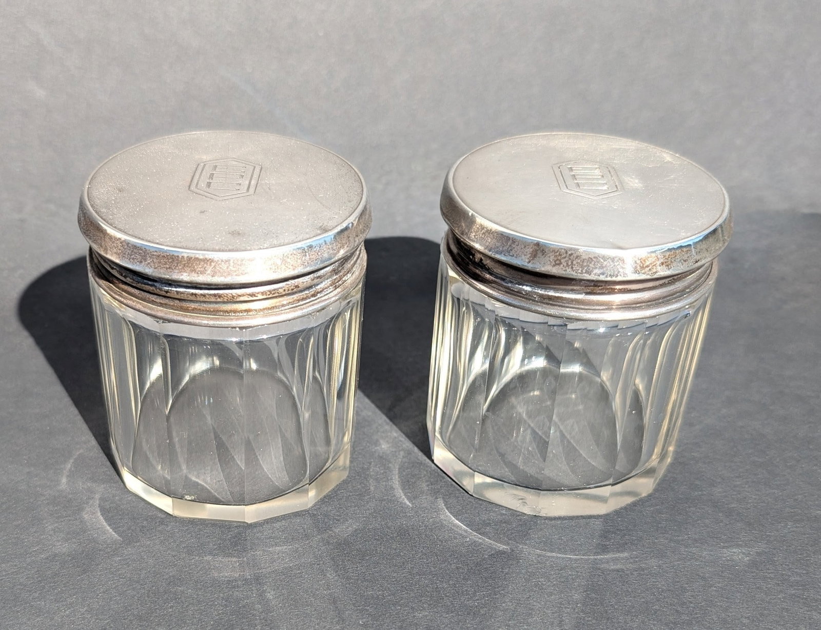 Pr. Art Deco Cut Crystal Vanity Jars w/Shreve & Co. Sterling Tops (1 of 6)