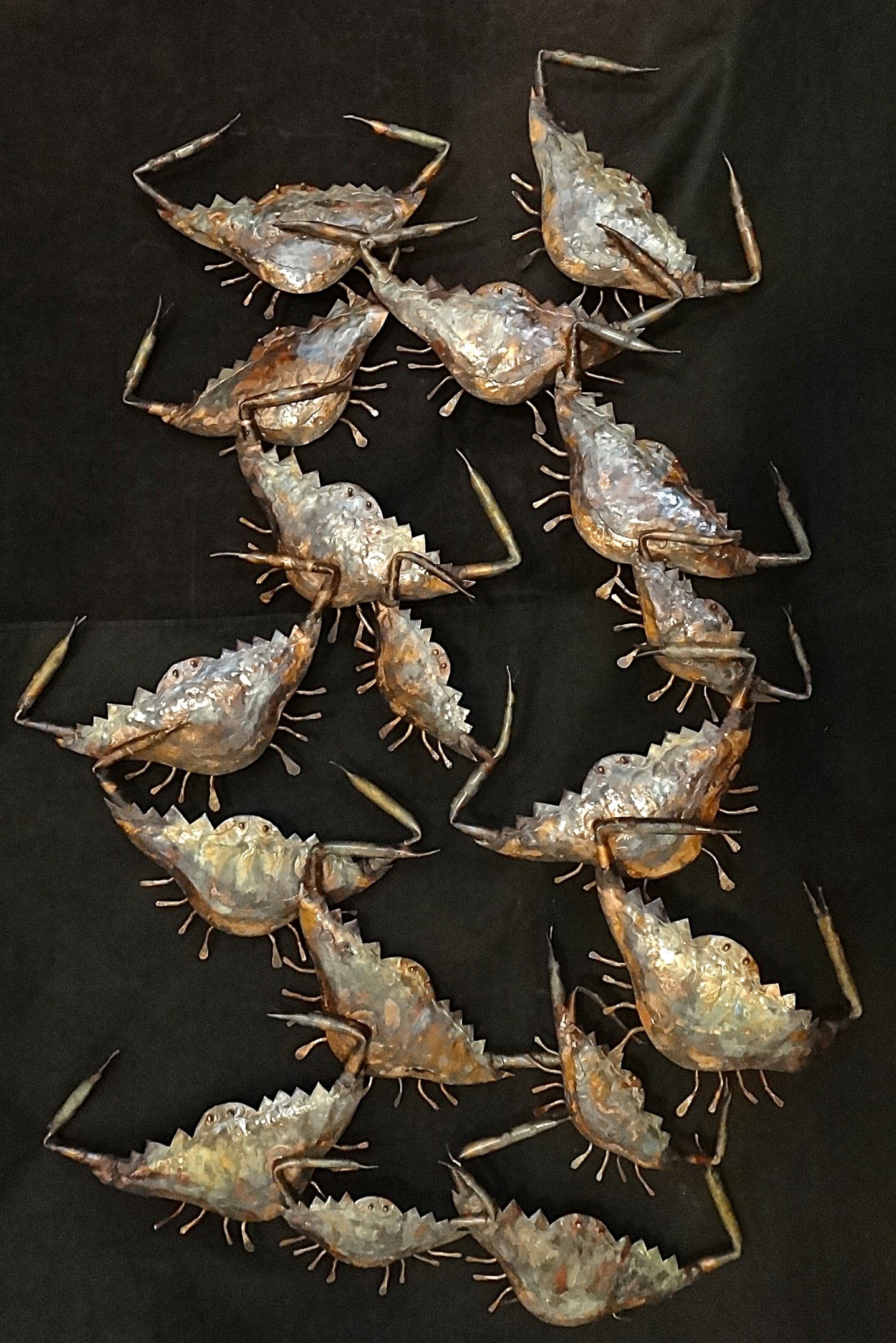 Vintage Ken Jenkins Copper wall sculpture – Crabs: Vintage Ken Jenkins Copper wall sculpture – Crabs. Beautiful patina. Signed label. Measures approx. 34” x 20 ½”.