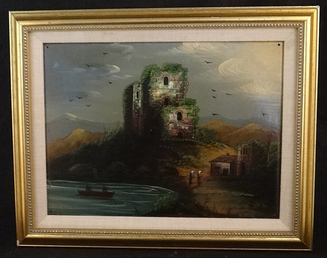 Antique Scottish Oil on board - Seashore Landscape: Antique Scottish Oil on board - Seashore Landscape with Castle Ruins by a Bay. Natural Iridescent Shell Applied to Castle. Painting shown measures 11 ½” x 8 ½”. Gold toned fr