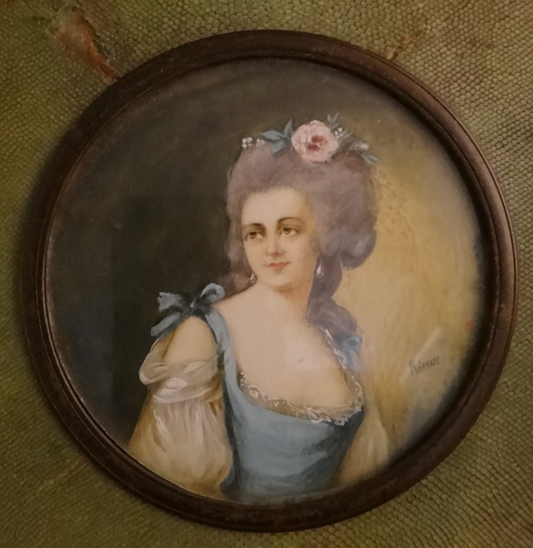 Antique French Hand Painted Miniature Portrait, signed, Shagreen Frame (1 of 4)