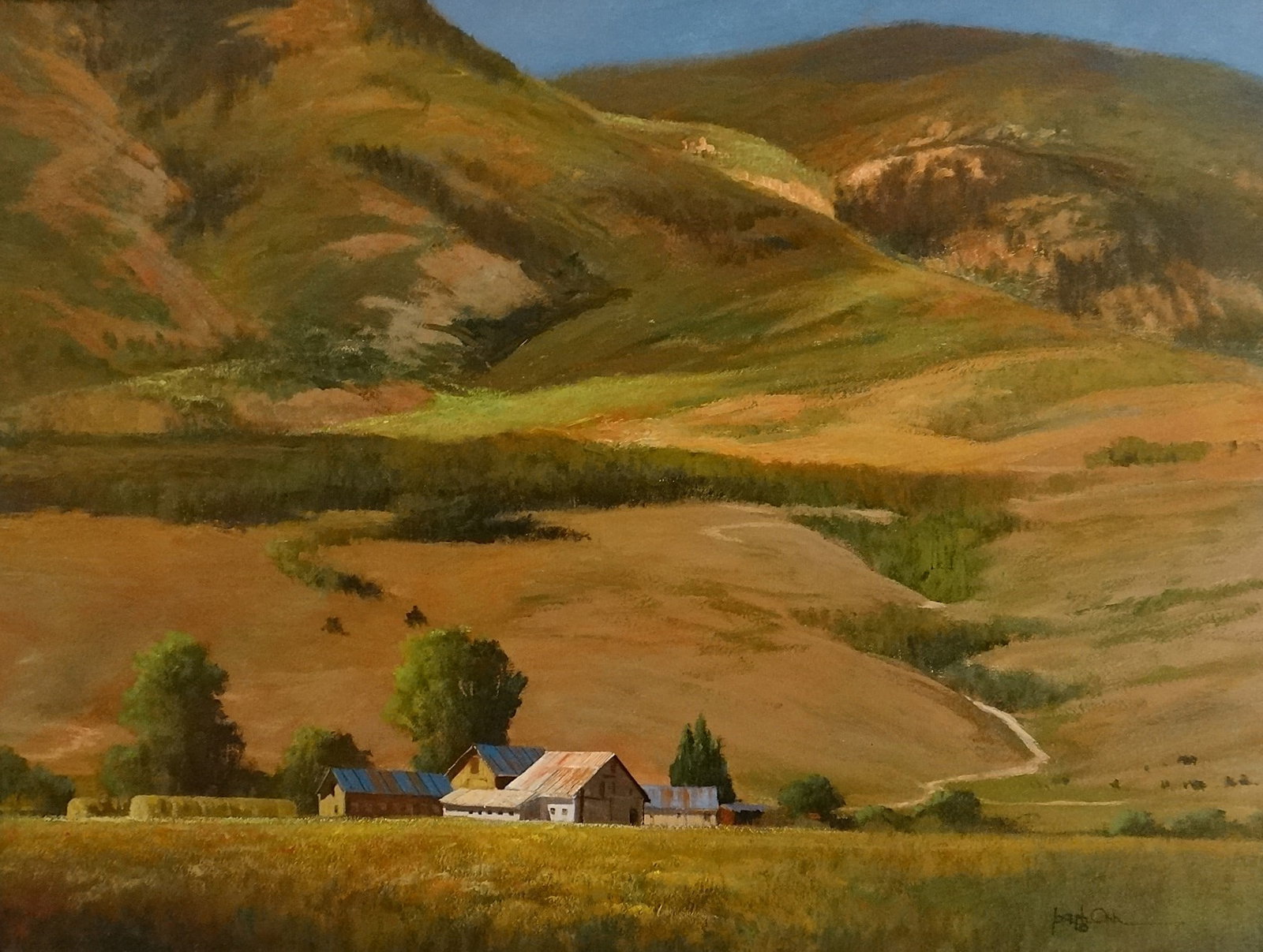 Joseph Orr Oil on Canvas “Western Values?? Signed – a Homestead.: Joseph Orr Oil on Canvas “Western Values”. A homestead with trees & hills in background. Signed lower right. Bright colors. Painting shown measures 23 ½” x 17 ½”. Ver
