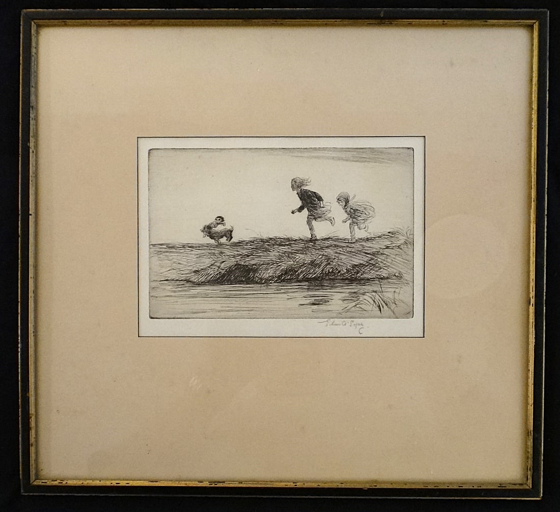 Eileen Alice Soper Etching Titled: “Stop Thief", 1926: Eileen Alice Soper (1905-1990) Etching of 2 young girls chasing a dog carrying a doll in it’s mouth. Titled “Stop Thief”. Circa 1926. Signed in pencil lower right margin. Print measures 4 3/