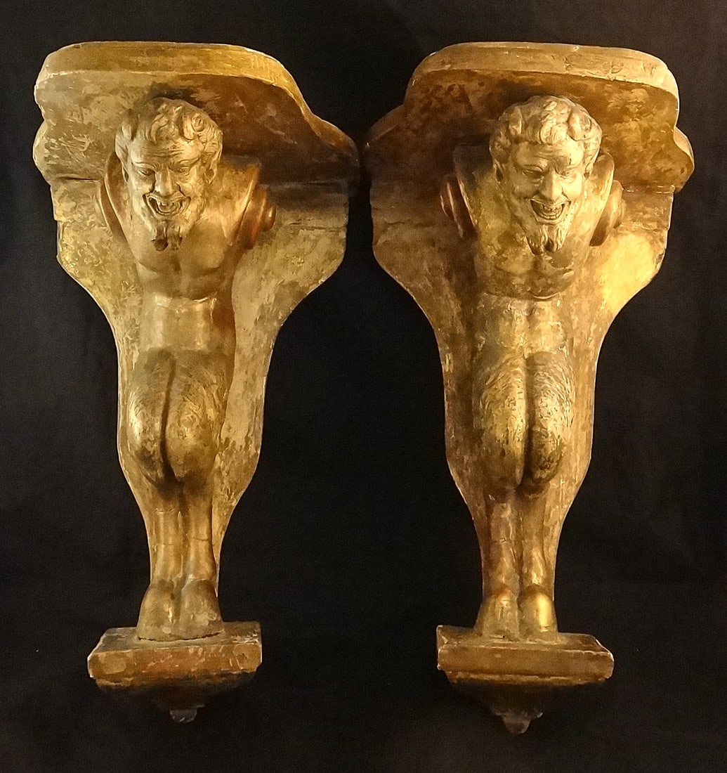 Pr. of French late 18th c. Wood & Gold Leafed Wall Sconces, Satyr Figures: Pr. of French Louis XVI late 18th C. Carved Wood & Gold Leafed Wall Sconces with Satyr Figures with Hoof Feet. 15 ½” tall.