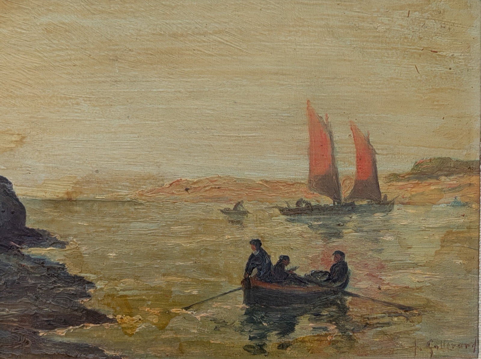 Antique Andre Gallerand 1926 French Oil Painting: Brittany Coast: Antique Andre Gallerand 1926 French Oil Painting on Board: On the Brittany Coast. Signed lower right. Old tag on back with title & date. Measures 7 ½” x 5 5/8”. Gold painted frame i