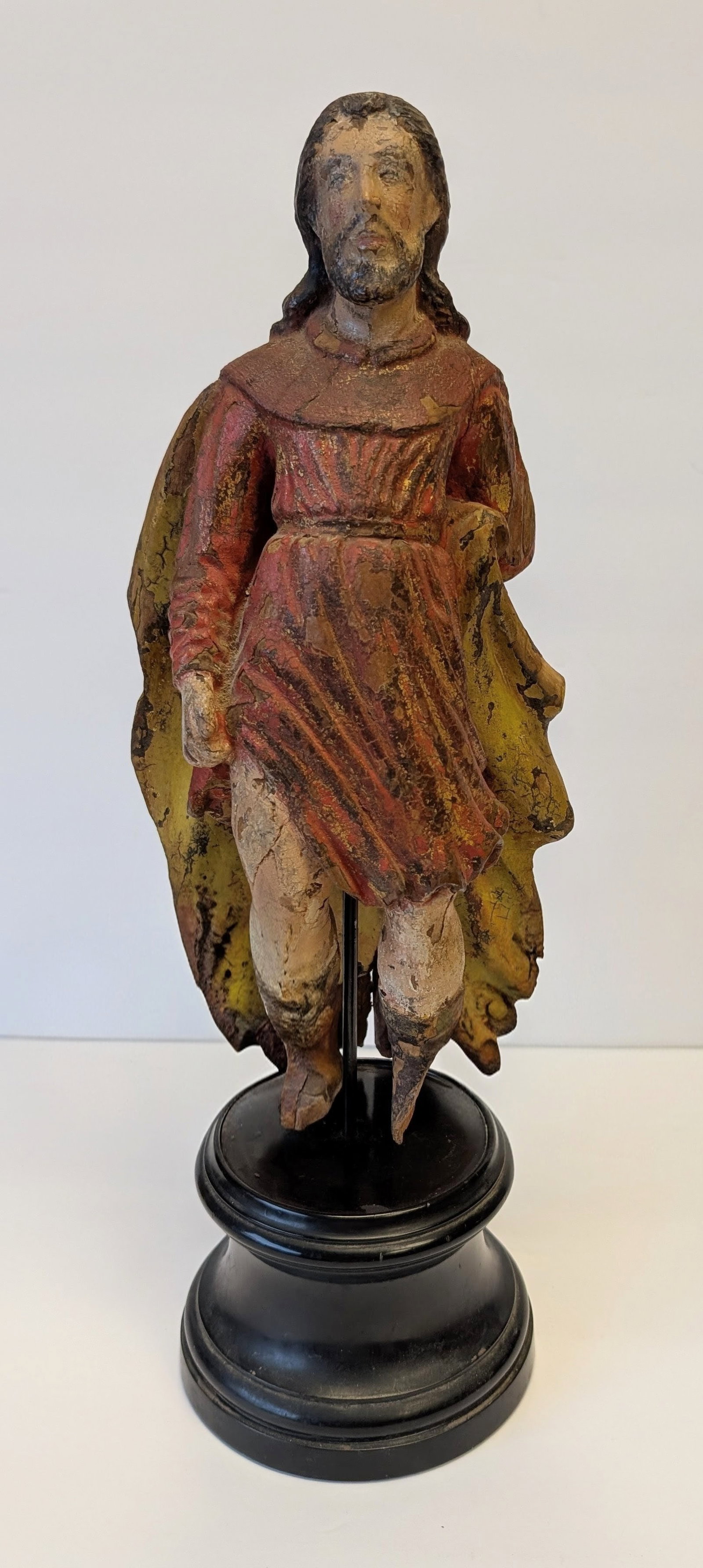 19th cent. Spanish Colonial Santos with old paint &base: Spanish Colonial Santos with old paint. 19th cent. Antique black lacquered wood base. 15 3/4" tall