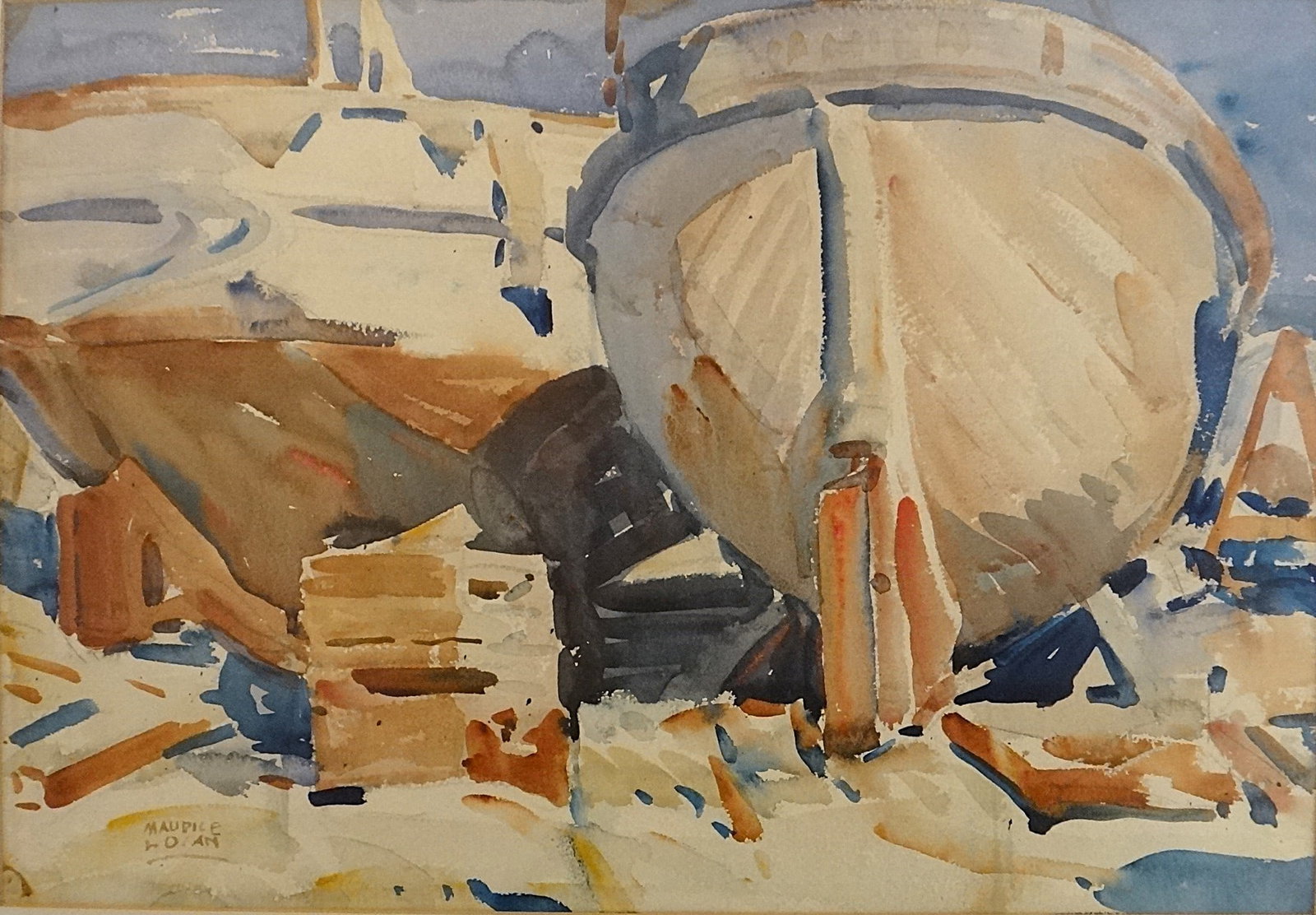 Maurice Logan watercolor of fishing boats at dry dock. Signed.: Maurice Logan (1886-1977) watercolor of fishing boats at dry dock. Very fine composition & bright colors. Signed lower left. Mid-20th C. Painting shown measures 19 ¼” x 13 1/4". Fine wood