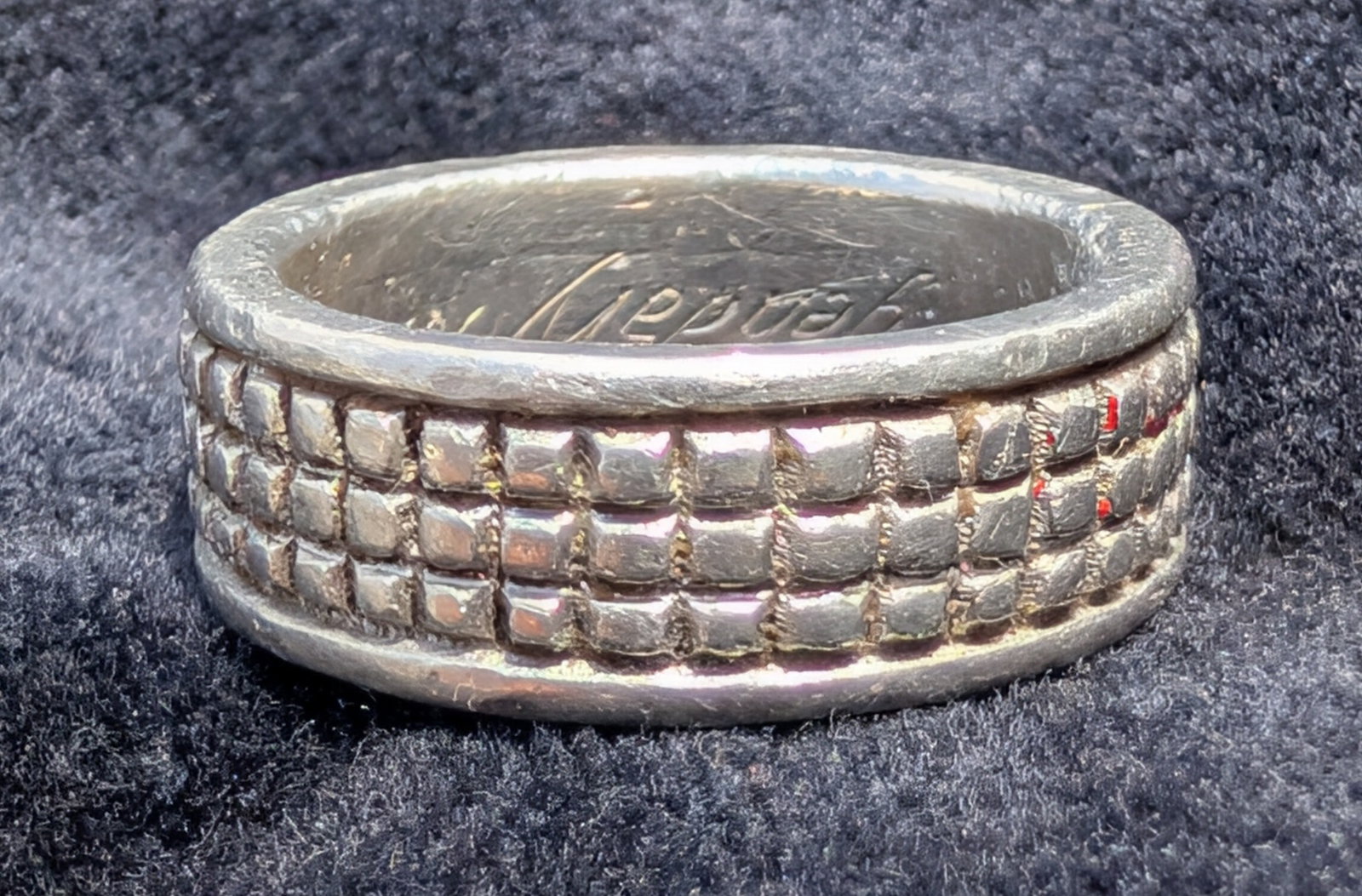 Vintage Custom Made Ring, 90% Platinum - 10% Iridium (size 8 1/2): Vintage Custom Made 90% Platinum - 10% Iridium Ring (size 8 1/2) with a continuous beaded band. 7mm wide. Weighs 14 dwts. ( 21.77 grams). 19.6 grams of platinum @ $1,680 oz and 2.177 grams of Iridium 
