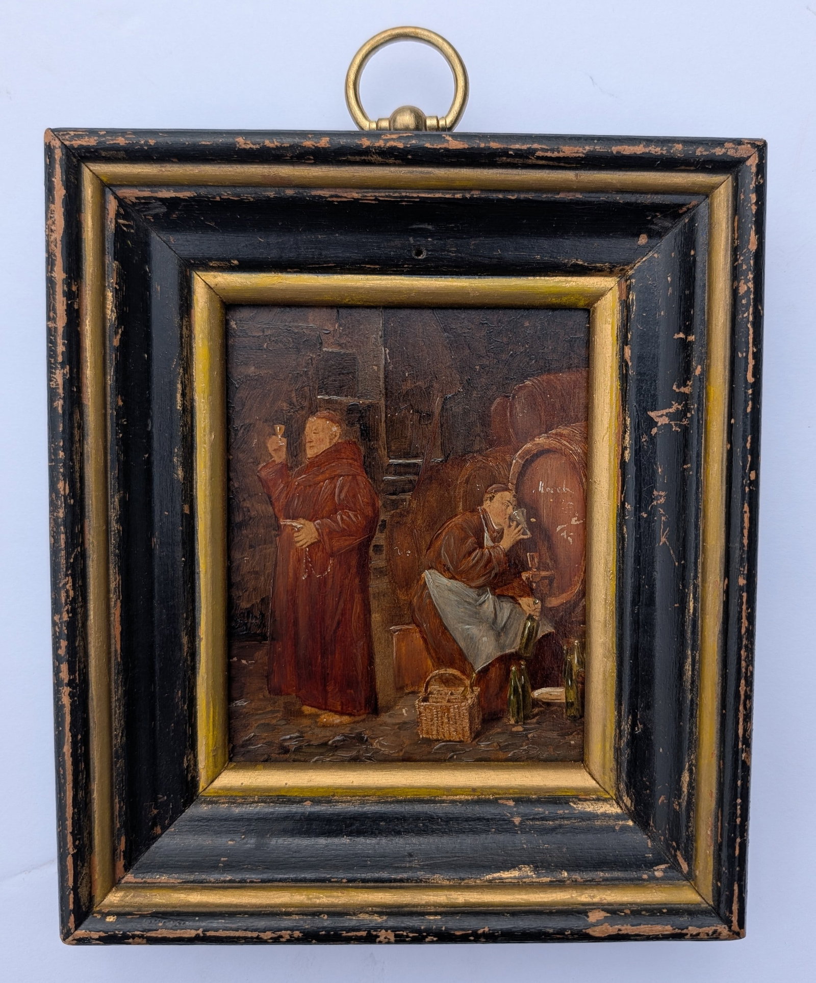 19th C. European Oil Painting - 2 Monks Tasting Wine: 19th C. European Oil Painting on Mahogany Panel of 2 Monks Tasting Wine in the Wine Cellar. Nicely detailed. 5" x 3 3/4" painting size. Antique frame - 7" x 6".