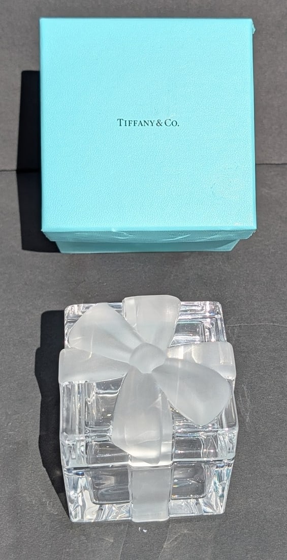 Beautiful Vintage Tiffany & Co. Crystal Box: Beautiful Vintage Tiffany & Co. Crystal Box with Frosted Bow & Clear Box in Original Blue Paper Tiffany Box. Acid etched Tiffany & Co. mark on the bottom. Crystal Box size - 3 5/8" tall x 3" x 3".