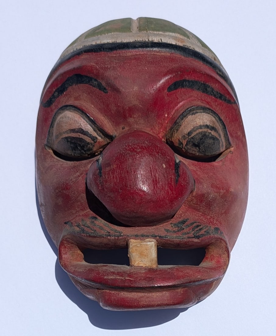 Antique Asian Carved & Painted Wood Mask w/Large Nose & 1 Tooth.: Antique Asian Carved & Painted Wood Mask of a Figure with Large Nose & 1 Tooth. Possibly Japan, Java ? 7 1/2" tall x 5" wide x 4" deep. Late 19th/Early 20th C.