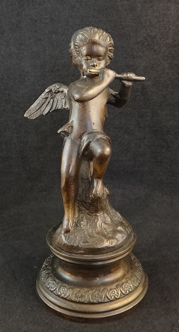 Vintage Bronze Cherub Flutist on Conical Base. (1 of 7)