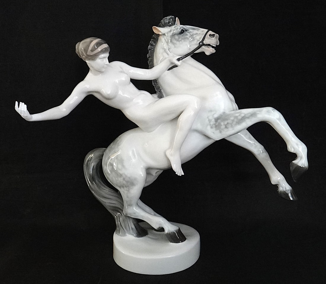 Vintage Rosenthal Porcelain Sculpture – Amazon Riding a Horse by Anton Grapth.: Vintage Rosenthal Porcelain Sculpture – Amazon Riding a Horse by Anton Grapth. Art Deco circa 1934-1956. Measures approx. 21” t. x 20” w. base is 8” dia. Weighs 13 lbs. 12 oz.