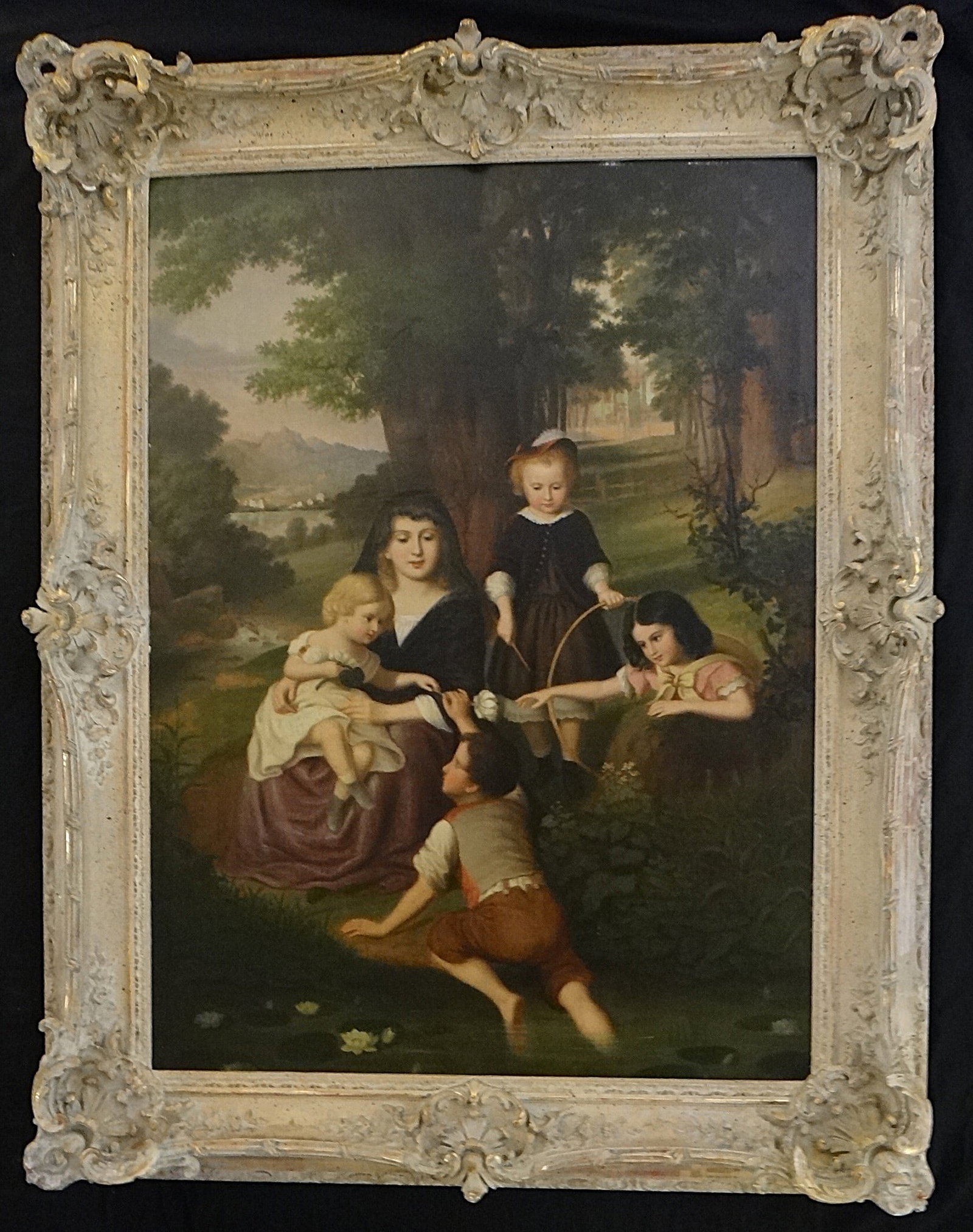Lg. Antique Huges Merlie Oil Painting. Mother & 4 Children: Large Antique Huges Merlie (1823-1881) Oil on Board Painting. Noted French Artist of Mother & 4 Children in a beautiful landscape. Painting shown measures 36” x 26 ¾”. Painted wood 