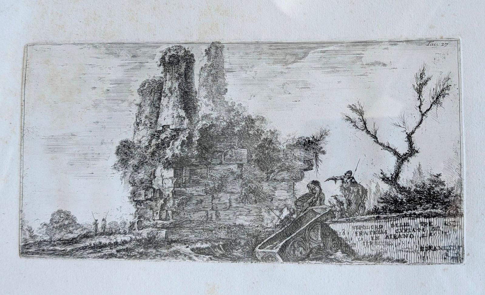 c.1748 Giovanni Battista Piranesi Etching -Tomb Curiatii Brothers: Rare Giovanni Battista Piranesi (1720-1778) Etching. Circa 1748, tomb of the three Curiatii Brothers in Albano. Plate 27. Signed in the plate lower right. Etching size is 5 ¼” x 10 &frac1