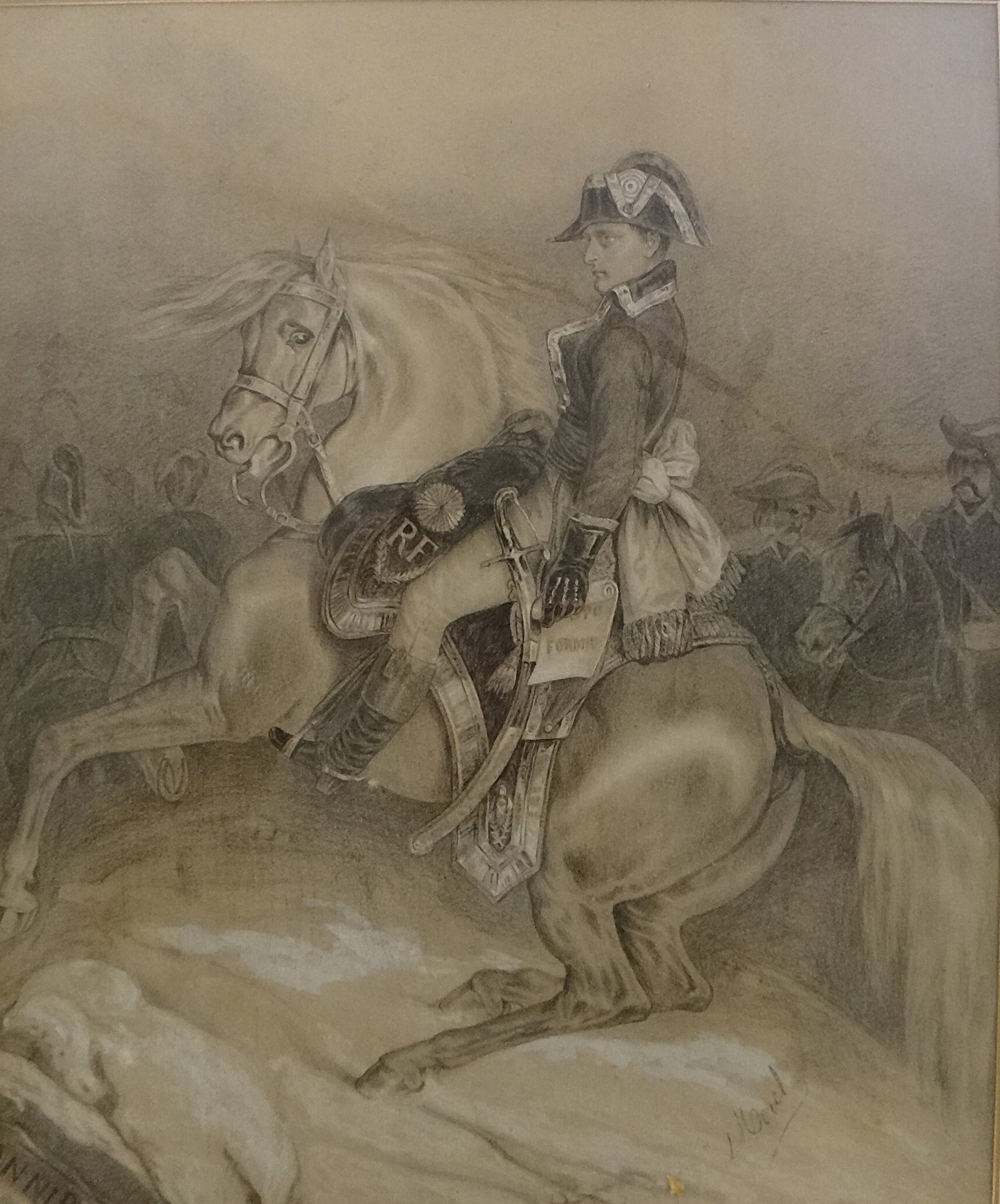 Early 19th c. Pencil Drawing w/gouache attrib. Antoine Léon Morel-Fatio: 1st half 19th c. Pencil Drawing with gouache attributed Antoine Léon Morel-Fatio (1810-1871) of Napoleon Bonaparte on Horseback. Signed L. Morel? Lower right. Drawing measures 19” x 15 ¾