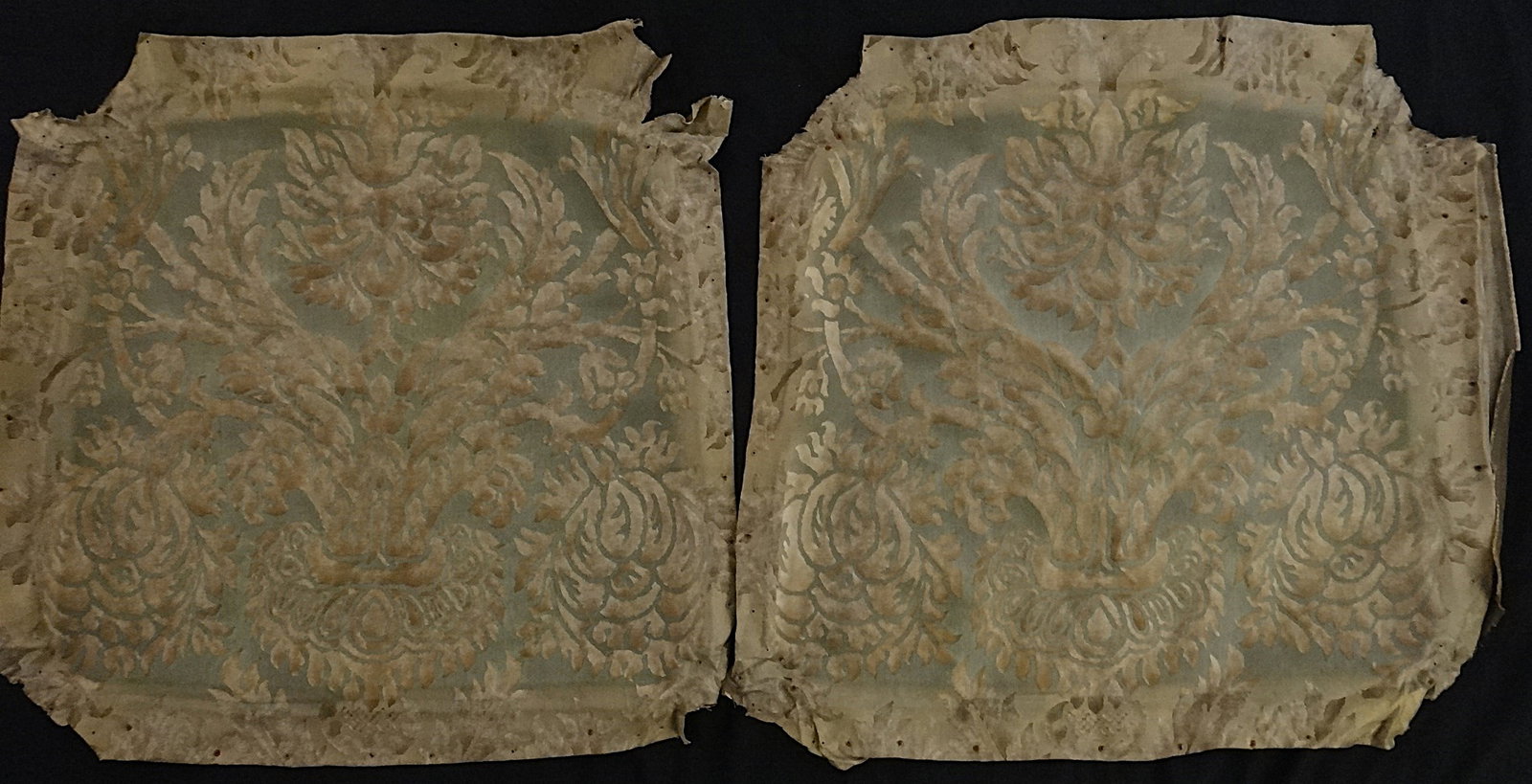 Vintage Fortuny double sided fabric, formally on 2 chairs. Mid- 20th C.: Vintage Fortuny double sided fabric, formally on 2 chairs. Mid- 20th C. Seat area measurements are approx. 22” x 21”