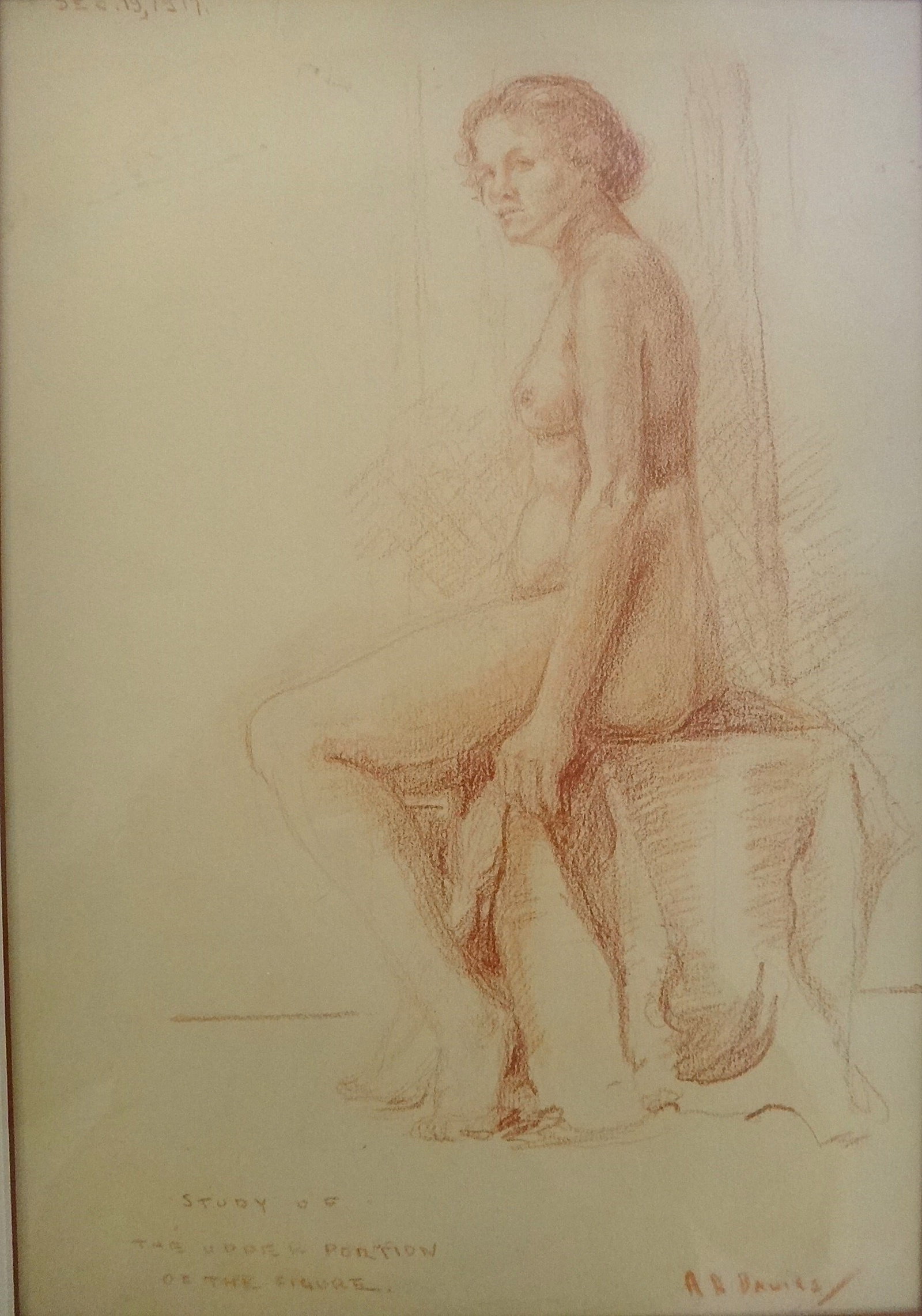 Arthur Bowen Davies Conte’ Crayon - Seated Nude Female. Signed, 1917: Arthur Bowen Davies (1862-1928) Conte’ Crayon of a Seated Nude Female. Dated Dec. 19, 1917, Signed lower right. Written: Study of the upper portion of the figure. Paper measures 14 ½” x