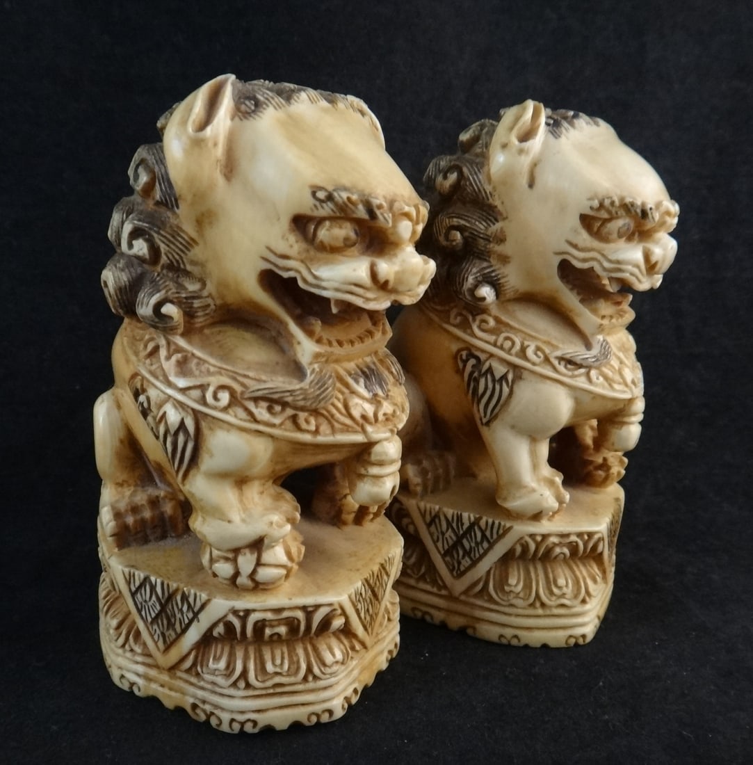 Pr. Antique Chinese Carved Seals w/Male & Female Foo Lions: Pair of Antique Chinese Carved Seals with Male & Female Foo Lions on Double Lotus Bases. Qing Dynasty, c. 1850-1912. 3 ½” tall x 2” tall. Seal chop marks on both.