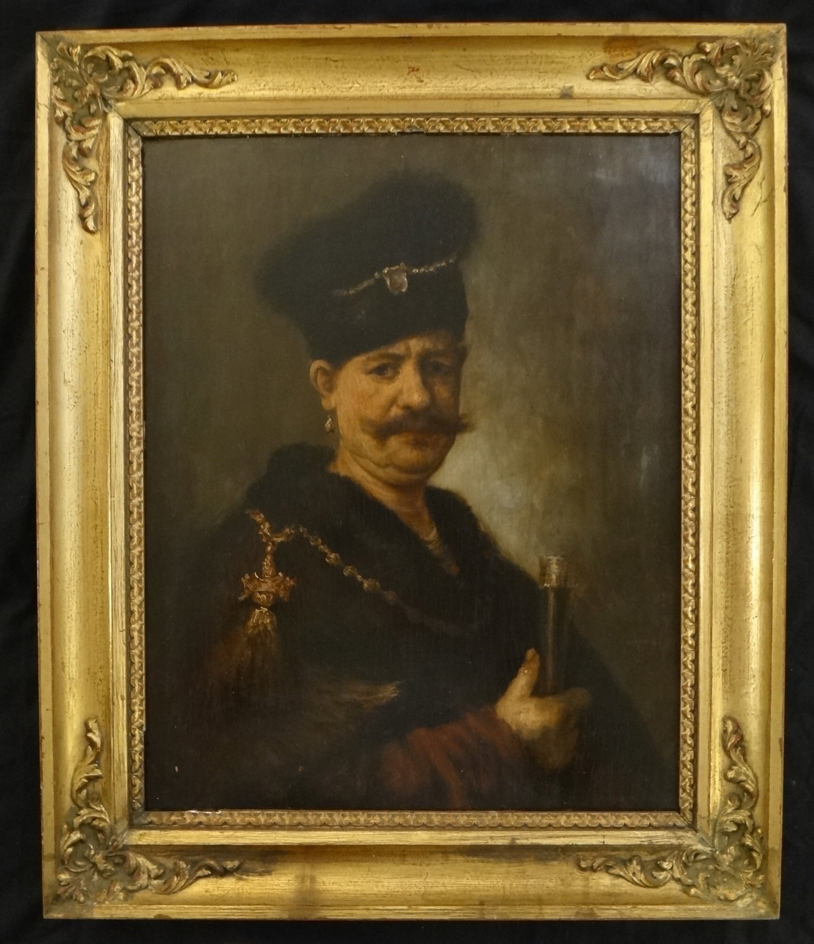 18th /19th c. Dutch Oil on Oak Panel after Rembrandt of a Polish Nobleman: Antique Dutch Oil on Oak Panel after Rembrandt of a Polish Nobleman, 18th/19th cent. An exceptionally well painted portrait. Painting shown measures 19 ¼” x 15 ¼”, In an Anti