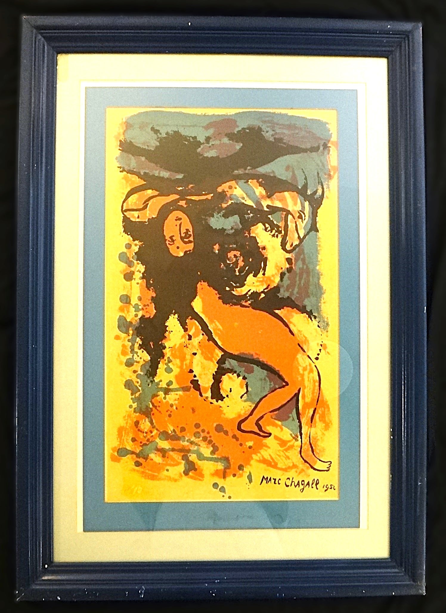 Marc Chagall Serigraph: Woman with Goat. 1956, Limited Ed.: Marc Chagall (1887-1985) Serigraph: Woman with Goat. Marked 1956 in plate. Printed in Paris by Mourlot in a limited edition of 3000. Serigraph shown measures 27” x 16”. Original Blue Paint
