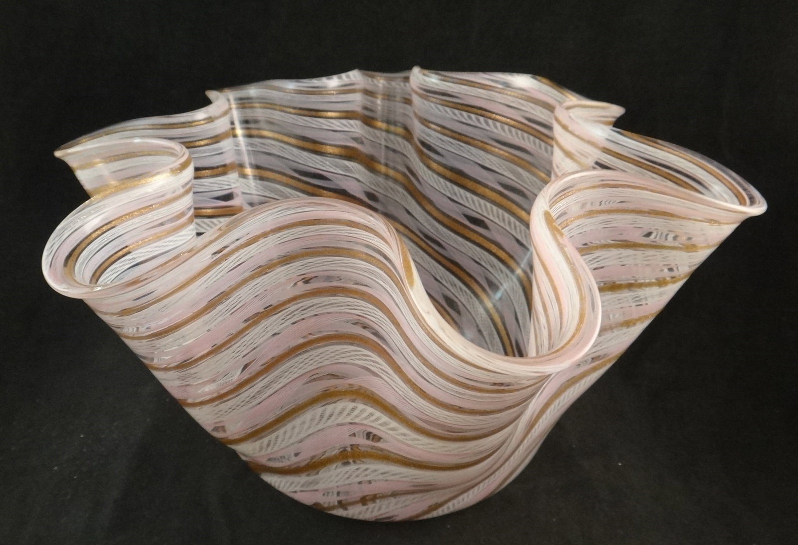 Vintage Italian Venetian Murano Lattcino Art Glass Bowl: Vintage Italian Murano Art Glass Bowl - Venetian Latticino Ribbon Design with 22k Gold band. Mid-20th c. Measures approx 5 1/2" to 6 1/4' tall, 11 3/8" to 11 5/8 wide.