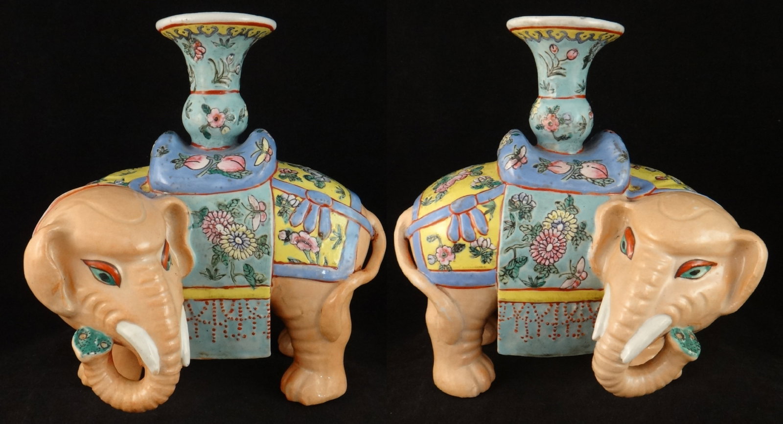Pr. Vintage Chinese Porcelain Elephant Form Joss Stick Holders. 9?? x 8 1/2: Pair of Large Vintage Chinese Porcelain Elephant Form Joss Stick Holders. Hand Painted Cover & Saddle with open top for Joss Sticks. 9” tall x 8 1/2” wide x 6” deep.