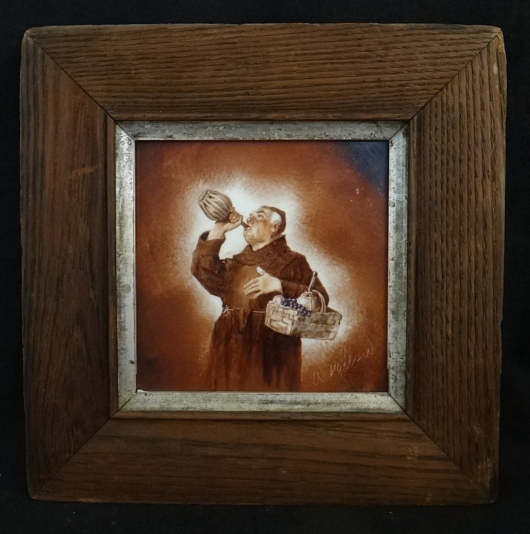 W. Nelson Antique Tile Painting of Monk Drinking wine (1 of 5)