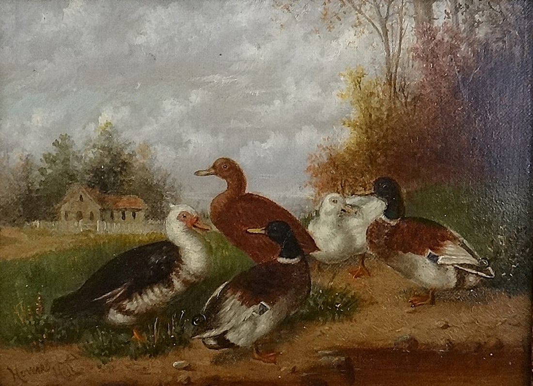 Howard L. Hill Oil on Canvas of 5 Ducks next to a Pond distance.: Howard L. Hill (1822-1888) Oil on Canvas (relined) of 5 Ducks next to a Pond with a house w/ white picket fence in the distance. Signed lower left, circa 1866-1880’s. Painting shown measures 7&rdquo
