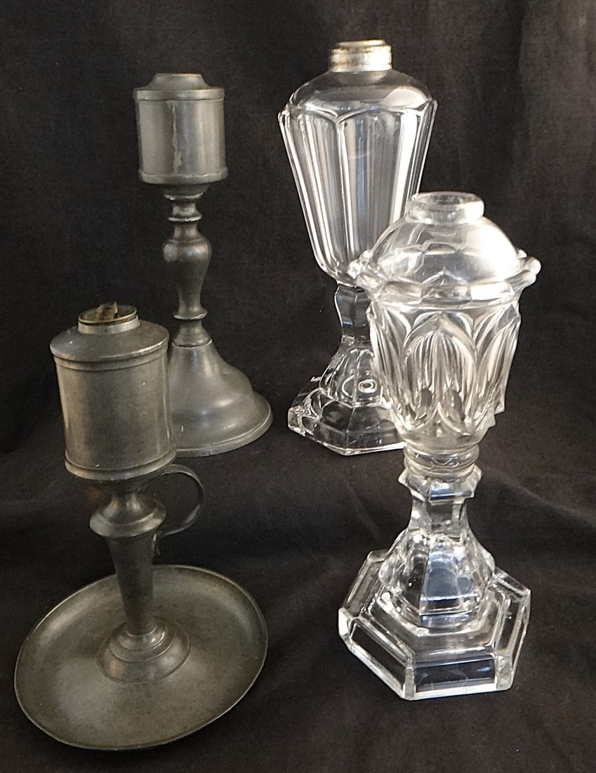 4 American whale Oil Lamps, circa 1820-1850. 2 Pewter, 2 Glass (1 of 13)