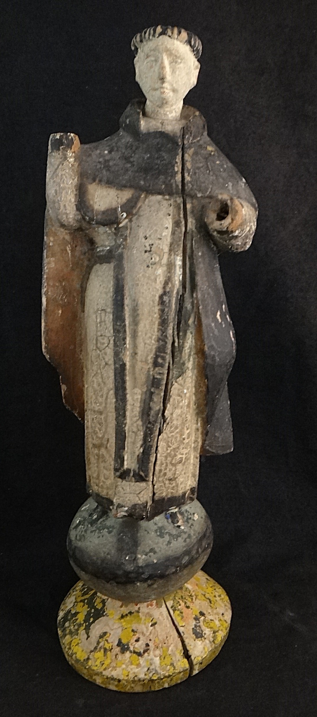 Antique Spanish Colonial Carved & Painted Wood Santos – Tonsured Monk: Antique Spanish Colonial Carved & Painted Wood Santos – Tonsured Monk on a conical base standing on a ball. 13 ¼” tall. 19th cent.