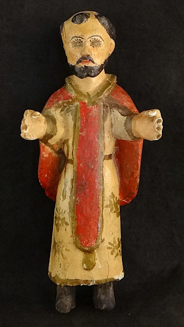 19th c Spanish Colonial Carved & Painted Wood Santos of a Saint/Religious Leader (1 of 8)
