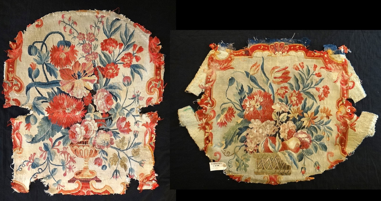 Pr. 18th c. French Aubusson Wool Tapestries w/ Bold Colorful Floral Designs.: Pair of 18th cent. French Aubusson wool Tapestries with Bold Colorful Floral Designs. Made into chair seat covers. Would make great pillows. Sold at Christie's Auction House. N.Y. on April 21, 2005. C