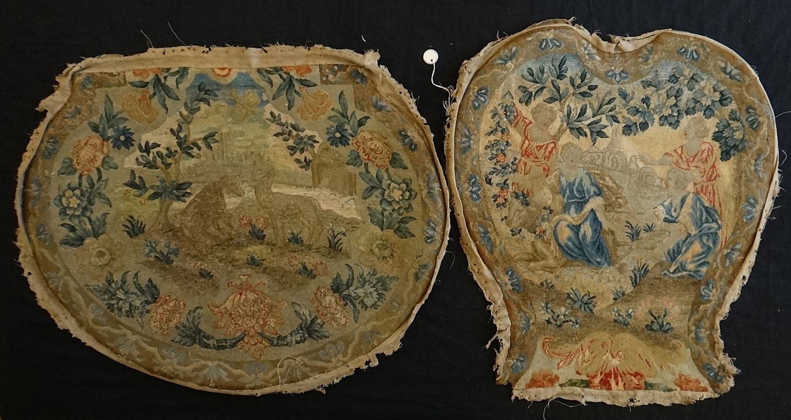 Pr. 18th c. French Petite Point wool tapestries with Bold Colorful designs: Pair of 18th cent. French Petite Point hand stitched wool tapestries with Bold Colorful designs of people in landscape scenes. Made into chair seat covers. Would make great pillows. Sold at Christie's