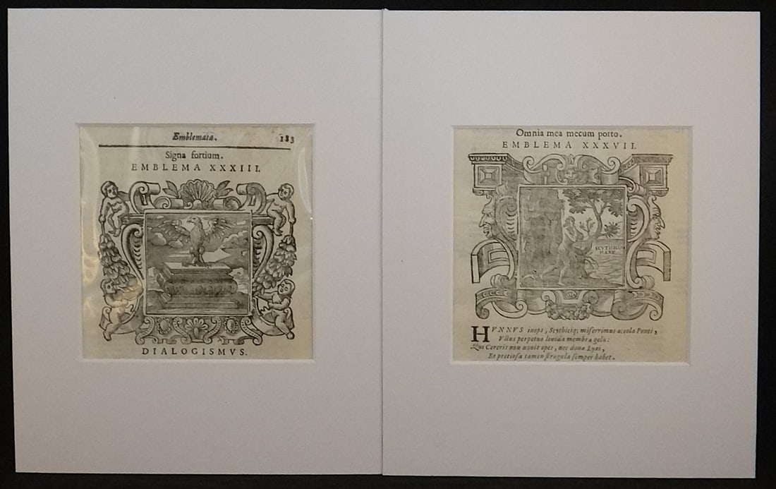 Pr. 1661 Original Family Emblems – Woodcuts with Latin with various: Pair of 1661 Original Family Emblems – Woodcuts with Latin with various Subjects. Woodcut size showing – 5” x 5”. Acid free matting measures 8’ x 10”. Facsimile of front page w