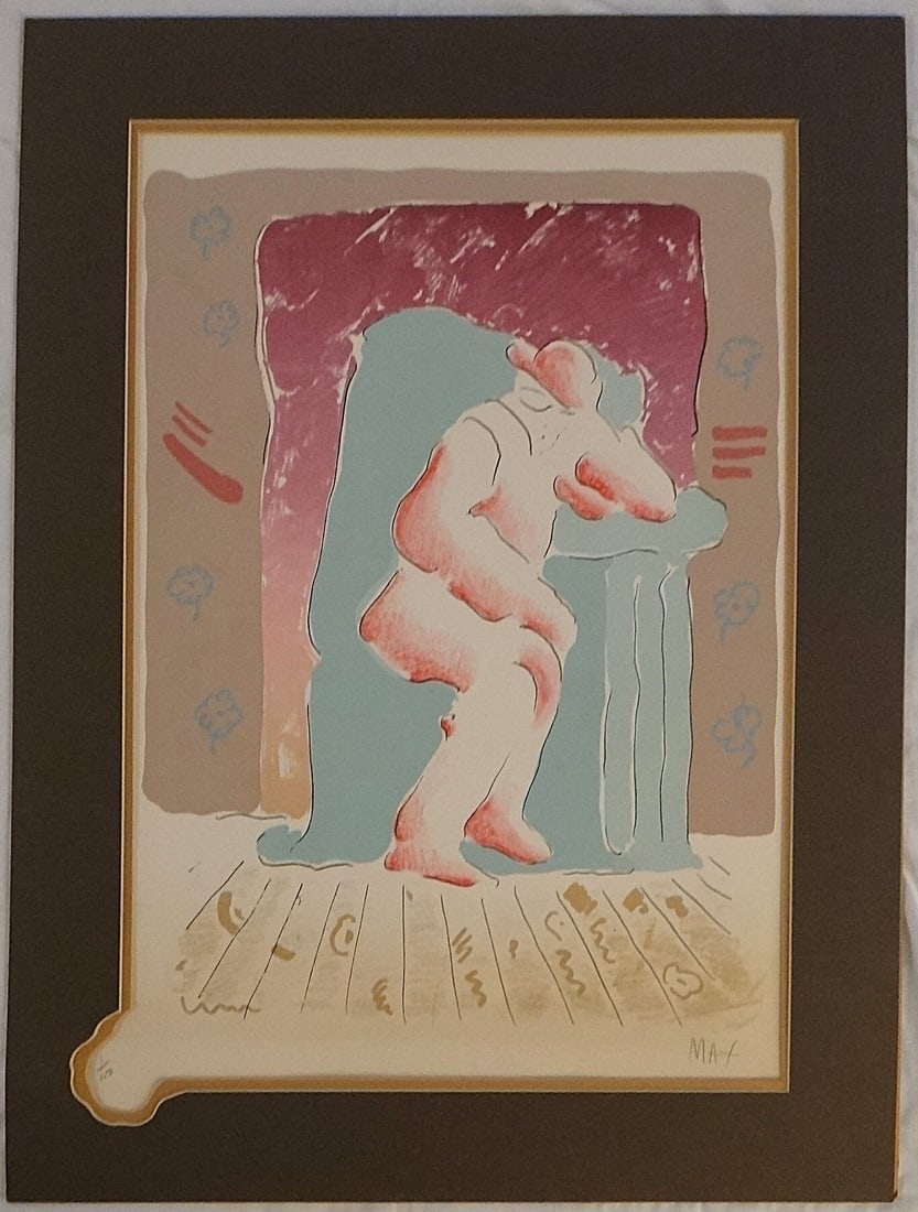 Scarce Peter Max (1937- ) Serigraph: Man in Chair. LE #1 of 150.: Penciled signed by the artist lower right “Max”. Embossed Peter Max Mark. Guaranteed genuine! Serigraph measures approx. 29” x 22”. Matte is 32” x 24”.