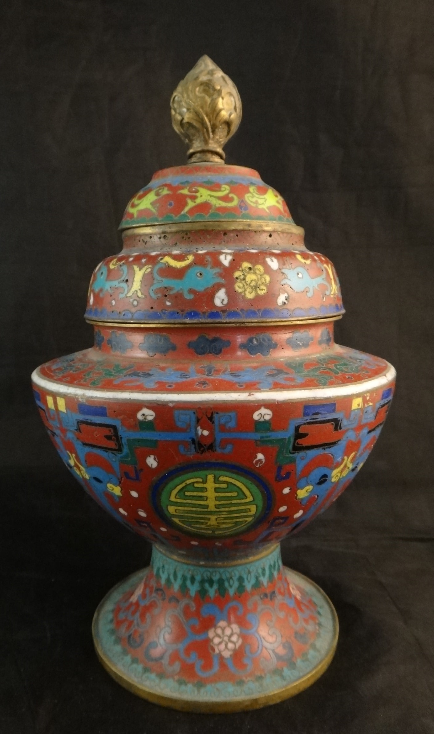 Antique Chinese Cloisonne covered vase w/2 section top (1 of 7)