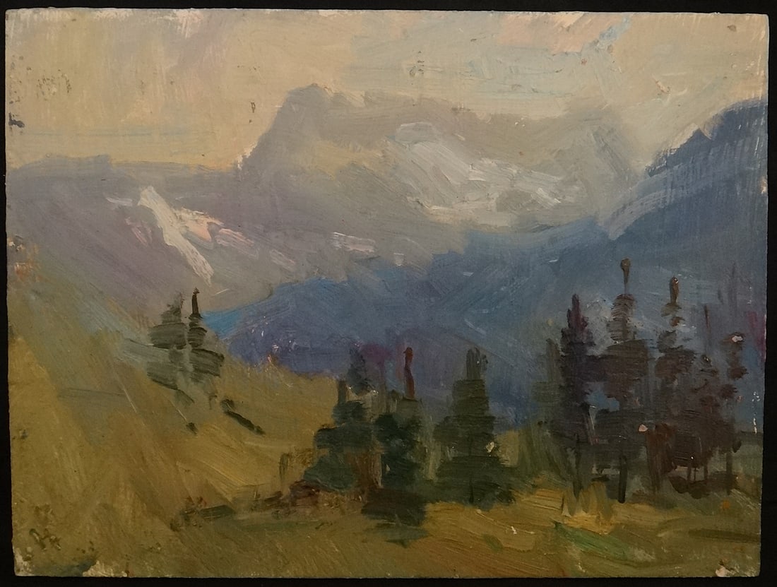 Guido Frick Impressionist oil painting: High Country: Guido Frick (1947- ) noted CA & German artist Impressionist oil painting on Masonite, untitled. Dramatic high country hills with trees, purple mountains and snow covered mountains in the background. C